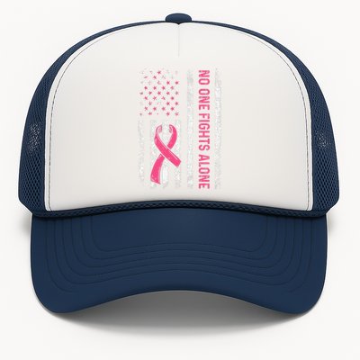 No One Fights Breast Cancer Alone American Flag P.Ink Ribbon Gift Trucker Hat