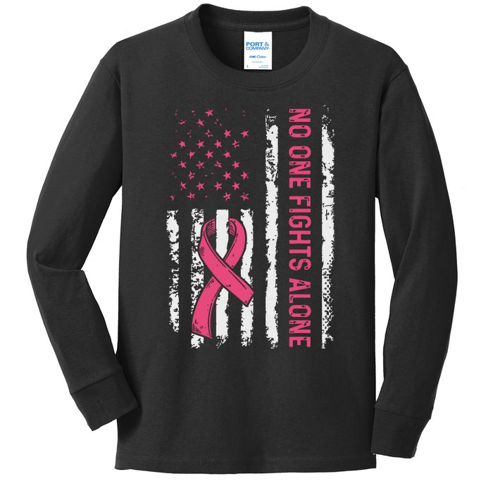 No One Fights Breast Cancer Alone American Flag Kids Long Sleeve Shirt