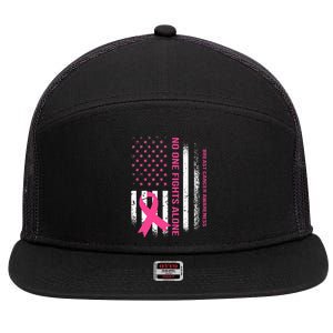 No One Fights Breast Cancer Alone USA Flag Pink Ribbon 7 Panel Mesh Trucker Snapback Hat