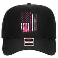 No One Fights Breast Cancer Alone USA Flag Pink Ribbon High Crown Mesh Back Trucker Hat