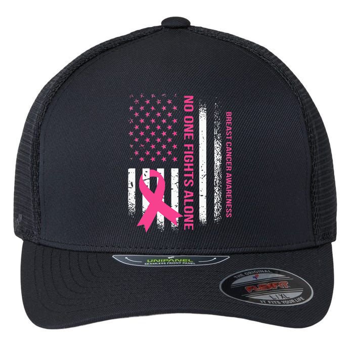 No One Fights Breast Cancer Alone USA Flag Pink Ribbon Flexfit Unipanel Trucker Cap