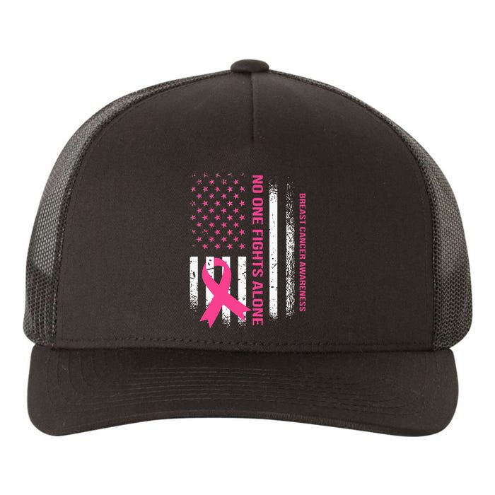 No One Fights Breast Cancer Alone USA Flag Pink Ribbon Yupoong Adult 5-Panel Trucker Hat