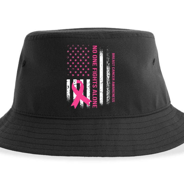 No One Fights Breast Cancer Alone USA Flag Pink Ribbon Sustainable Bucket Hat