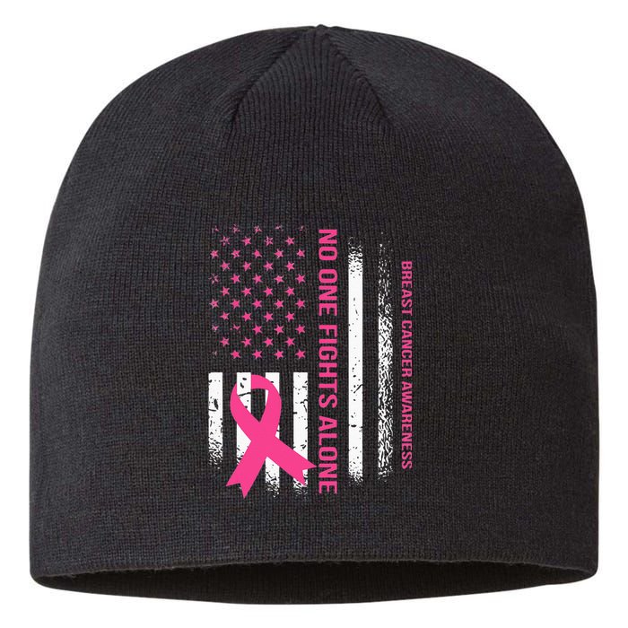 No One Fights Breast Cancer Alone USA Flag Pink Ribbon Sustainable Beanie