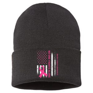 No One Fights Breast Cancer Alone USA Flag Pink Ribbon Sustainable Knit Beanie