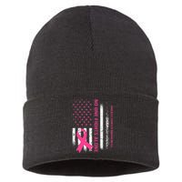 No One Fights Breast Cancer Alone USA Flag Pink Ribbon Sustainable Knit Beanie