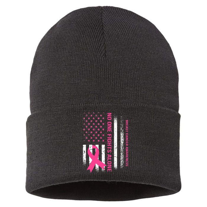 No One Fights Breast Cancer Alone USA Flag Pink Ribbon Sustainable Knit Beanie