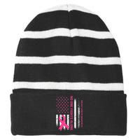 No One Fights Breast Cancer Alone USA Flag Pink Ribbon Striped Beanie with Solid Band