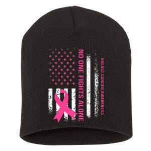 No One Fights Breast Cancer Alone USA Flag Pink Ribbon Short Acrylic Beanie