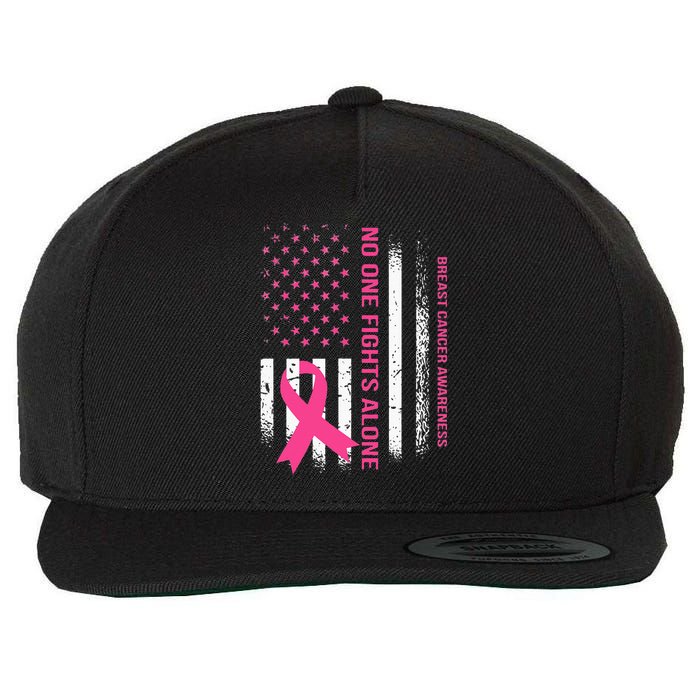 No One Fights Breast Cancer Alone USA Flag Pink Ribbon Wool Snapback Cap