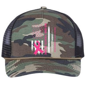 No One Fights Breast Cancer Alone USA Flag Pink Ribbon Retro Rope Trucker Hat Cap