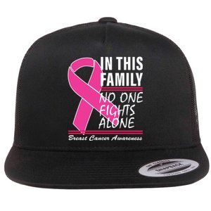 No One Fights Alone Breast Cancer Awareness Ribbon Flat Bill Trucker Hat