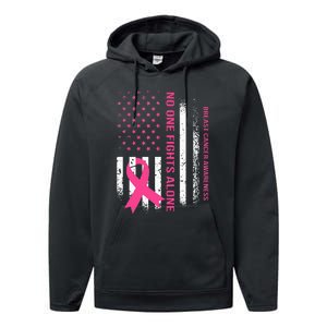 No One Fights Breast Cancer Alone USA Flag Pink Ribbon Performance Fleece Hoodie