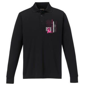 No One Fights Breast Cancer Alone USA Flag Pink Ribbon Performance Long Sleeve Polo