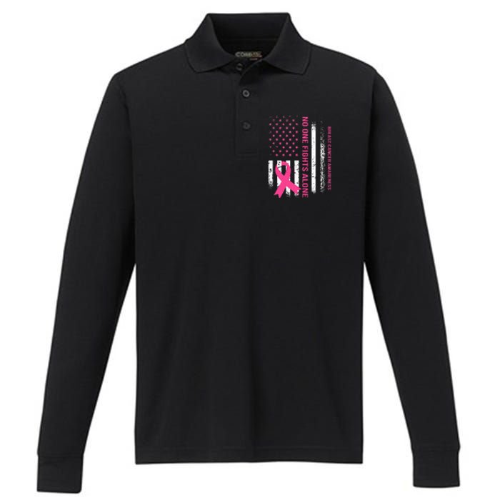 No One Fights Breast Cancer Alone USA Flag Pink Ribbon Performance Long Sleeve Polo