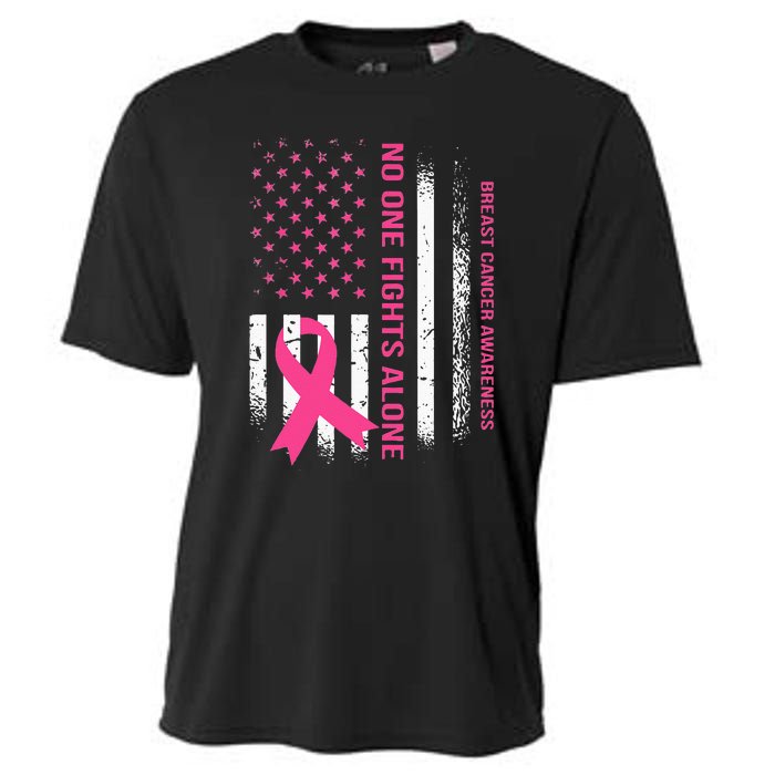 No One Fights Breast Cancer Alone USA Flag Pink Ribbon Cooling Performance Crew T-Shirt