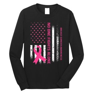 No One Fights Breast Cancer Alone USA Flag Pink Ribbon Long Sleeve Shirt