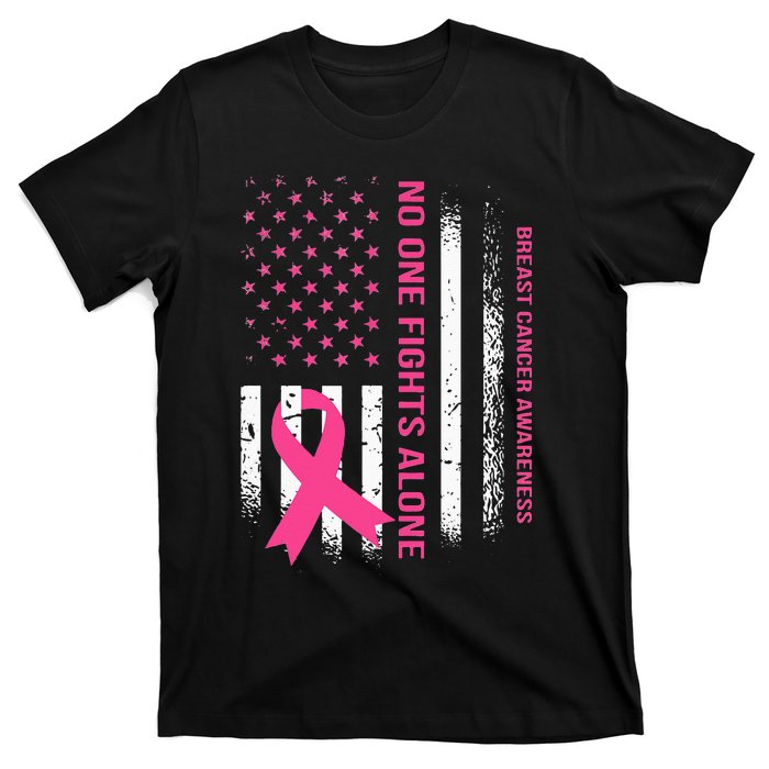 No One Fights Breast Cancer Alone USA Flag Pink Ribbon T-Shirt