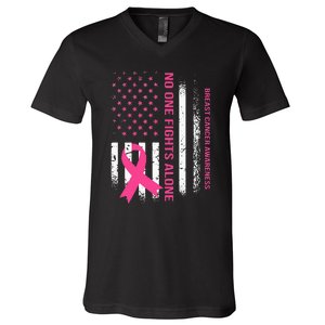 No One Fights Breast Cancer Alone USA Flag Pink Ribbon V-Neck T-Shirt