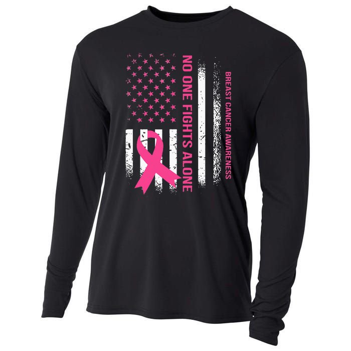 No One Fights Breast Cancer Alone USA Flag Pink Ribbon Cooling Performance Long Sleeve Crew