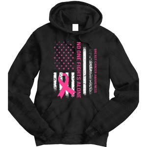 No One Fights Breast Cancer Alone USA Flag Pink Ribbon Tie Dye Hoodie