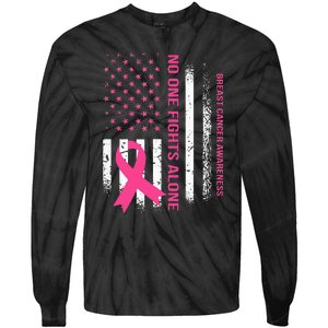 No One Fights Breast Cancer Alone USA Flag Pink Ribbon Tie-Dye Long Sleeve Shirt