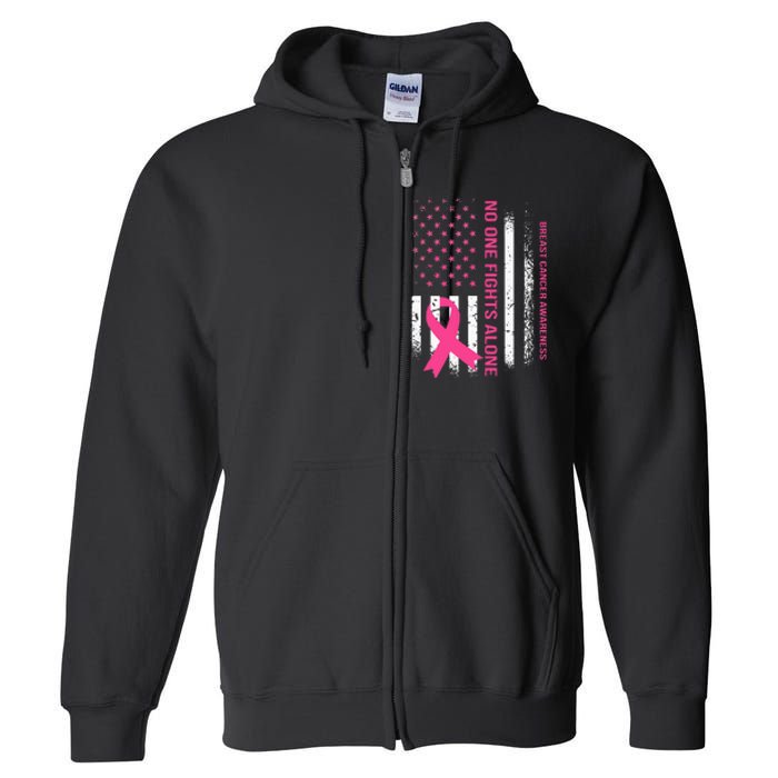 No One Fights Breast Cancer Alone USA Flag Pink Ribbon Full Zip Hoodie