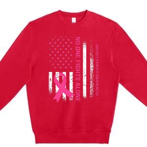 No One Fights Breast Cancer Alone USA Flag Pink Ribbon Premium Crewneck Sweatshirt