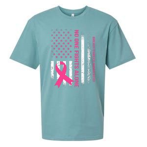 No One Fights Breast Cancer Alone USA Flag Pink Ribbon Sueded Cloud Jersey T-Shirt