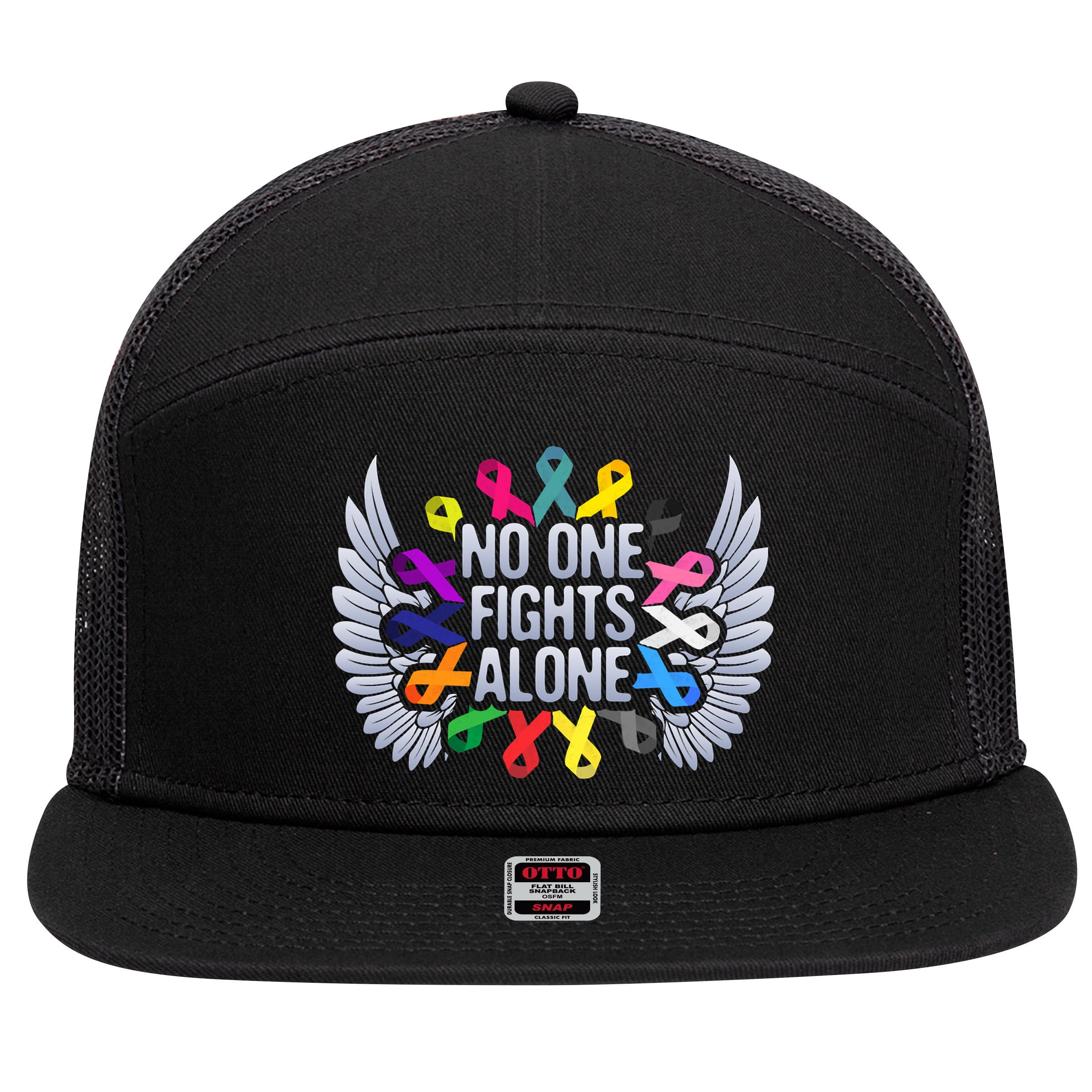 No One Fights Alone Multicolor Ribbon For Cancer Awareness 7 Panel Mesh Trucker Snapback Hat