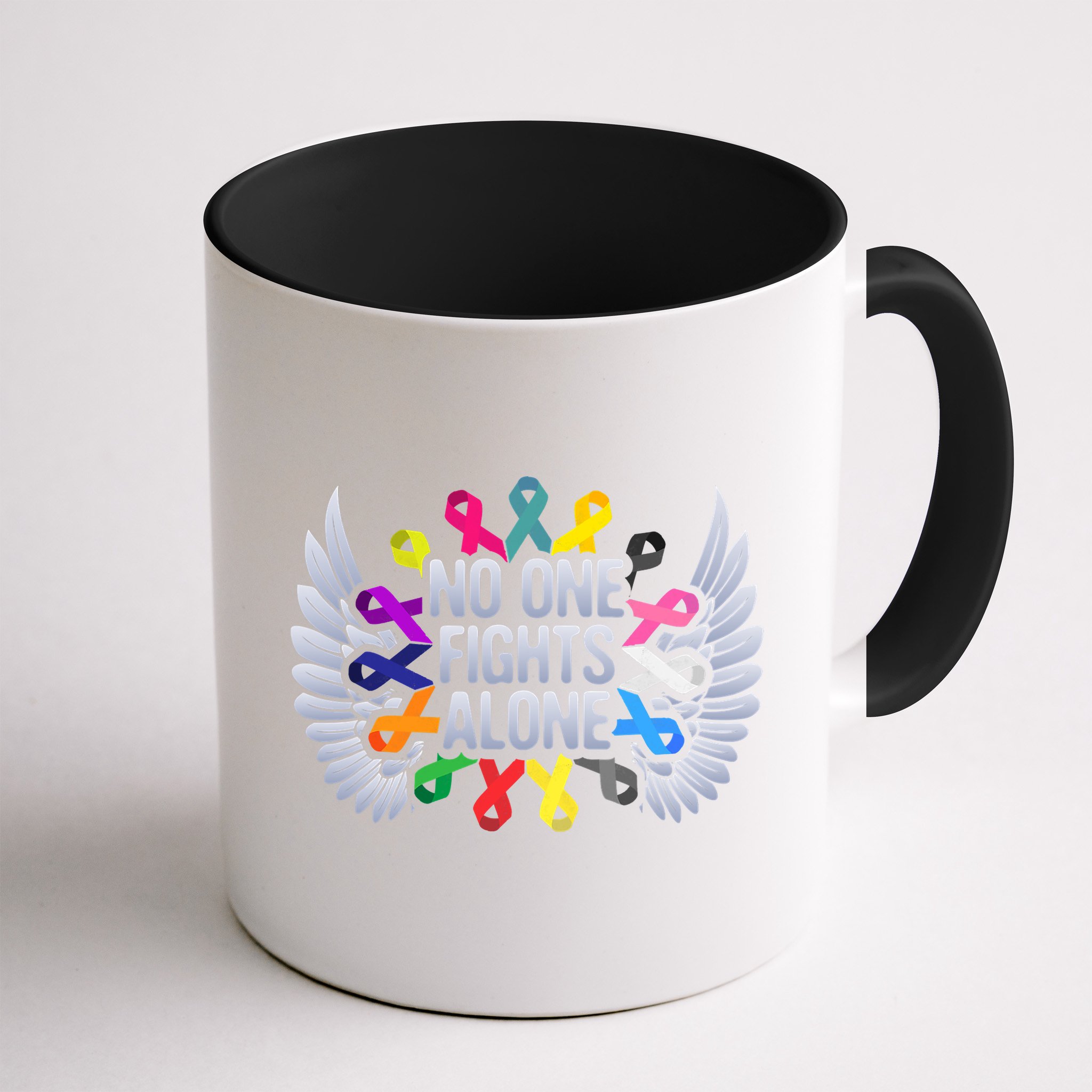 No One Fights Alone Multicolor Ribbon For Cancer Awareness Mug