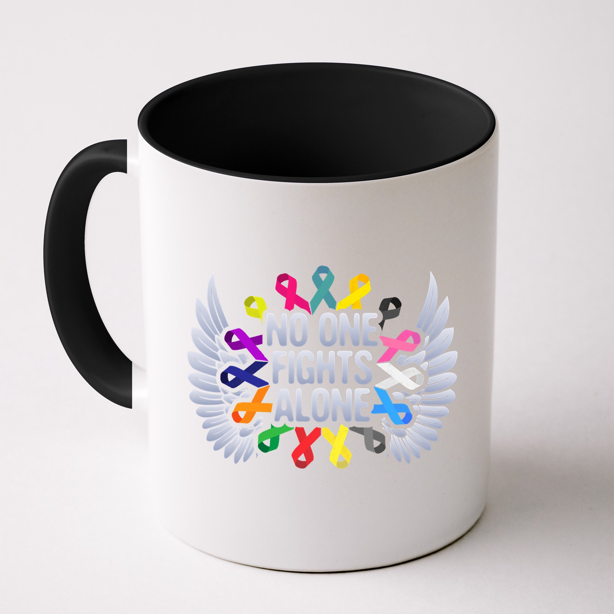 No One Fights Alone Multicolor Ribbon For Cancer Awareness Mug