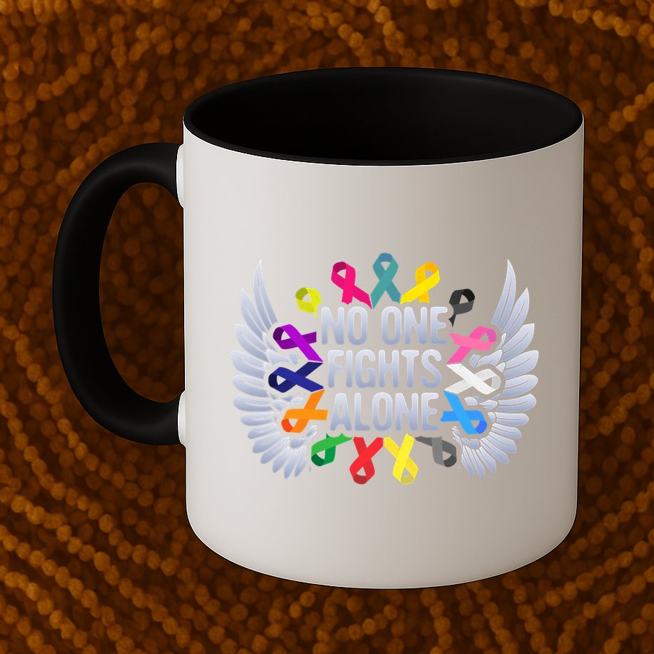 No One Fights Alone Multicolor Ribbon For Cancer Awareness Mug