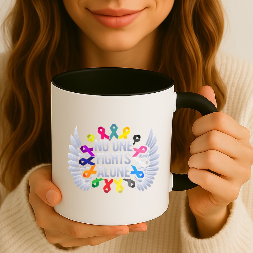 No One Fights Alone Multicolor Ribbon For Cancer Awareness Mug