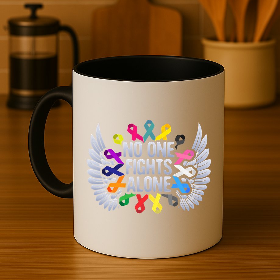 No One Fights Alone Multicolor Ribbon For Cancer Awareness Mug