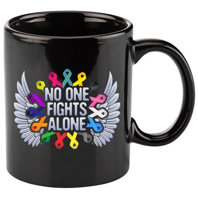 No One Fights Alone Multicolor Ribbon For Cancer Awareness 11oz C Handle Ceramic Mug