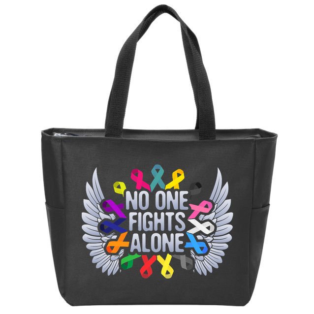No One Fights Alone Multicolor Ribbon For Cancer Awareness Zip Tote Bag
