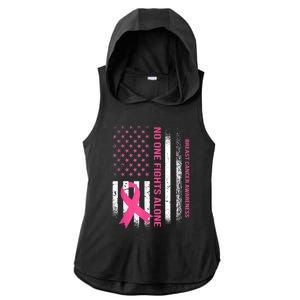 No One Fights Breast Cancer Alone USA Flag Pink Ribbon Ladies PosiCharge Tri-Blend Wicking Draft Hoodie Tank