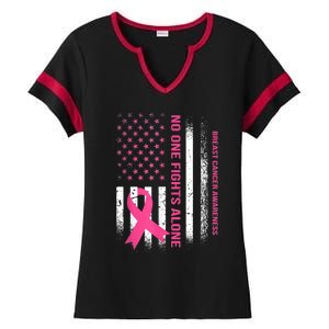 No One Fights Breast Cancer Alone USA Flag Pink Ribbon Ladies Halftime Notch Neck Tee