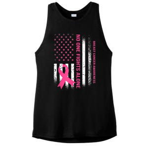 No One Fights Breast Cancer Alone USA Flag Pink Ribbon Ladies PosiCharge Tri-Blend Wicking Tank