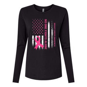 No One Fights Breast Cancer Alone USA Flag Pink Ribbon Womens Cotton Relaxed Long Sleeve T-Shirt