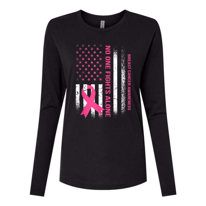 No One Fights Breast Cancer Alone USA Flag Pink Ribbon Womens Cotton Relaxed Long Sleeve T-Shirt