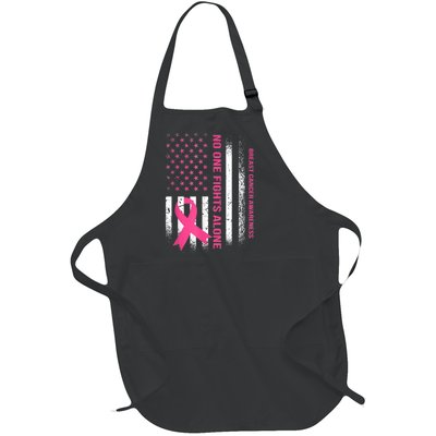 No One Fights Breast Cancer Alone USA Flag Pink Ribbon Full-Length Apron With Pockets