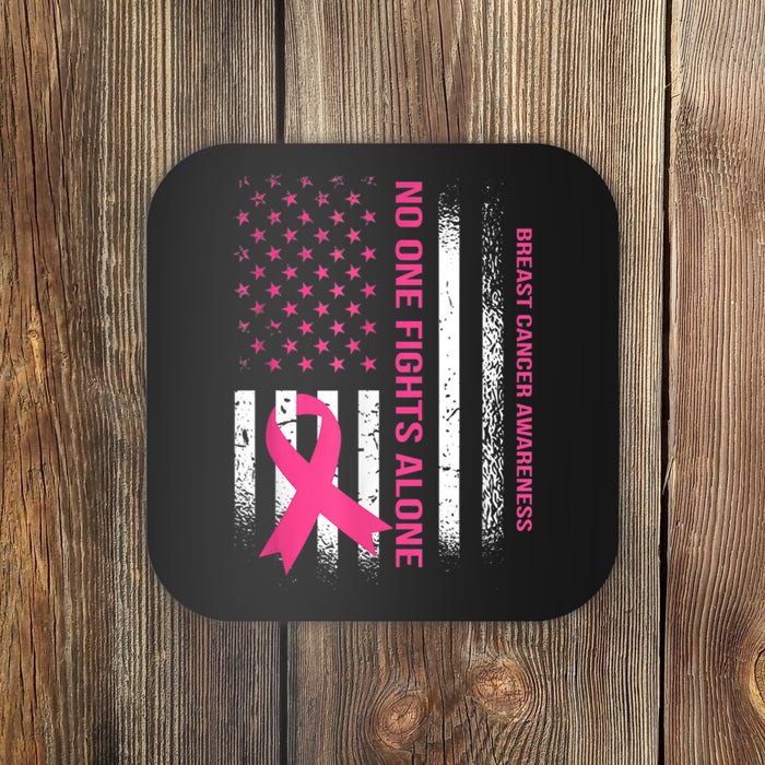 No One Fights Breast Cancer Alone USA Flag Pink Ribbon Coaster