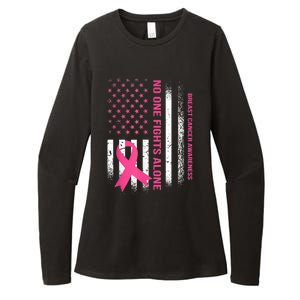 No One Fights Breast Cancer Alone USA Flag Pink Ribbon Womens CVC Long Sleeve Shirt