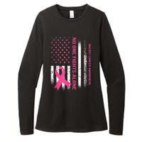 No One Fights Breast Cancer Alone USA Flag Pink Ribbon Womens CVC Long Sleeve Shirt