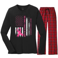 No One Fights Breast Cancer Alone USA Flag Pink Ribbon Women's Long Sleeve Flannel Pajama Set 