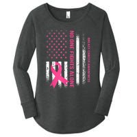 No One Fights Breast Cancer Alone USA Flag Pink Ribbon Women's Perfect Tri Tunic Long Sleeve Shirt