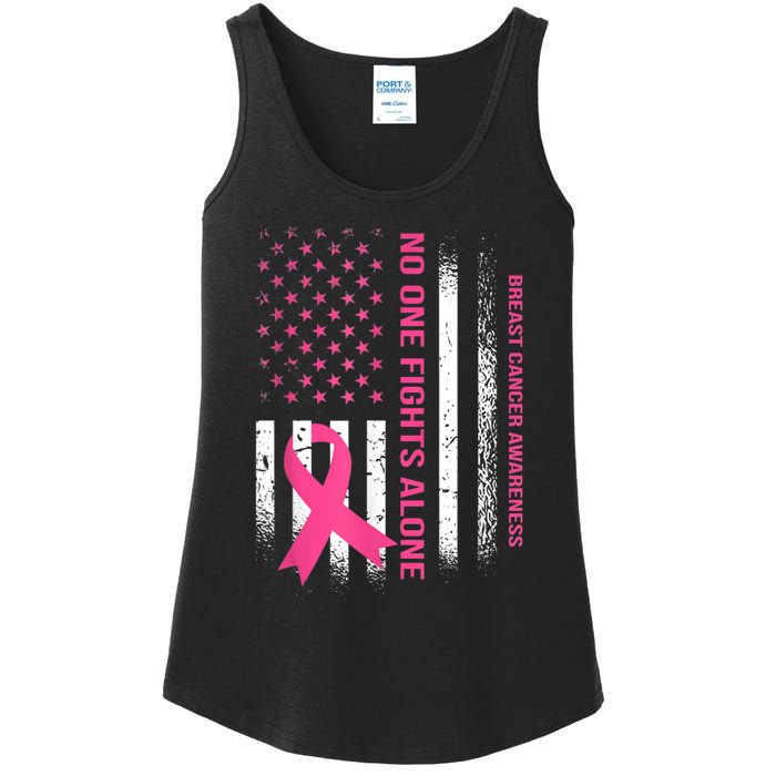 No One Fights Breast Cancer Alone USA Flag Pink Ribbon Ladies Essential Tank