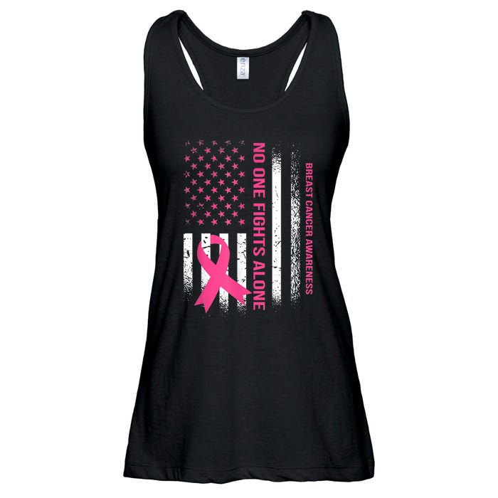 No One Fights Breast Cancer Alone USA Flag Pink Ribbon Ladies Essential Flowy Tank